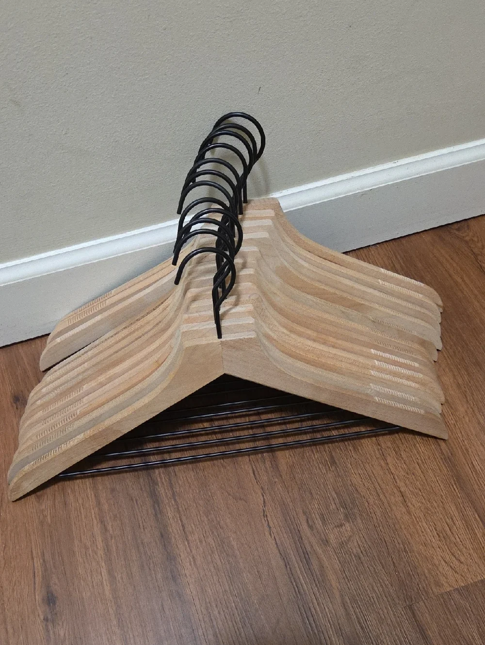 Set of 15 Wooden Clothes Hangers with Black Metal Hooks